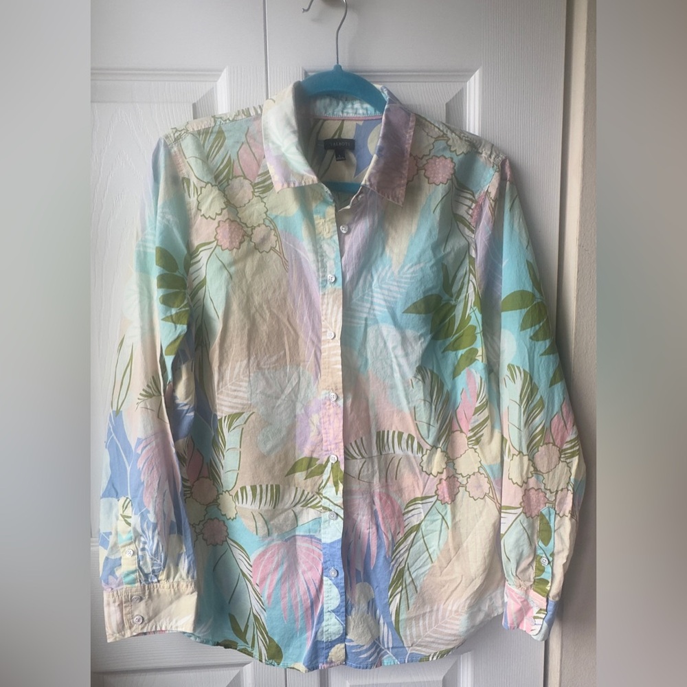 🦋Talbots🦋Women Pastel Floral Tropical lightweight Cotton Button Up Shirt Size L